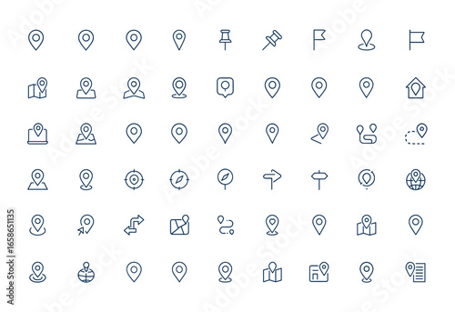 Linear outline map pin icons featuring geolocation markers, push pins, flags, GPS positioning, routes, and addresses. Vector pictograms in clean line style for navigation and location use and more.