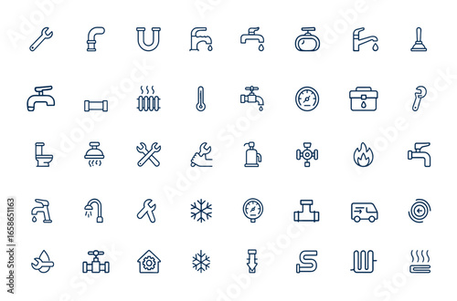 Plumbing and heating line icons. Vector outline pictograms of plumber tools, pipes, boilers, taps, meters, toilets, gas wrench, heated floor systems, water repair, HVAC symbols, service and more.