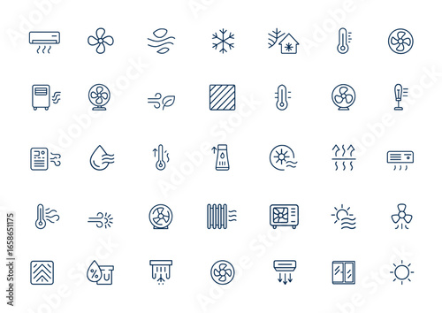Linear outline icons of air conditioner, fan, wind, cooling and heating appliances, air cleaner, climate control, ventilation, blower, modern design, HVAC symbols and more.