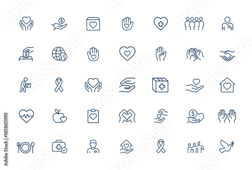 Charity and volunteering linear icons. Support, donation, humanitarian aid, caring, community, volunteer, donor, unity, help symbols in outline style. Vector illustration and more.