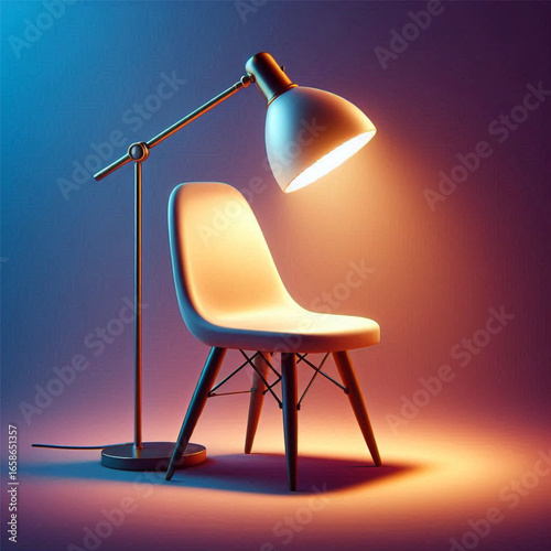 Modern chair illuminated by a stylish lamp, set against a gradient background, showcasing interior design