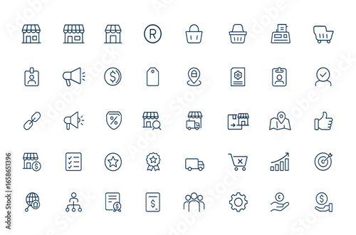 Linear outline icon for chain store business. Franchise, retail market, brand, trademark, consumer goods, public catering, distribution, commerce, shopping, trade, vector illustration and more.