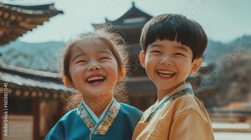Two children laugh outdoors, traditional Korean clothes, ancient architecture
