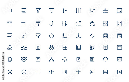 Linear outline icons for sorting and filtering, data management, digital processing, order, pattern, structure, template, and more. Modern vector icons in a clean style, organization and more.