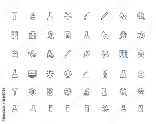 Laboratory icons line art set. Outline vector pictograms test tube, microscope, flask, molecule, chemical experiment, lab technician, biology sample, research, science, analysis, medical and more.