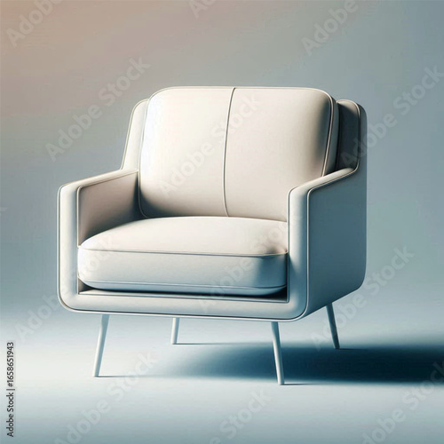 Modern minimalist white armchair with soft lighting, set against a gradient background