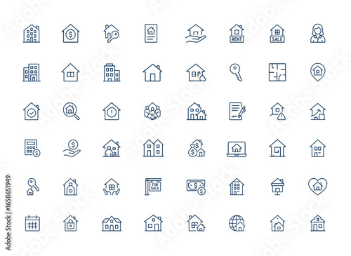 Linear style real estate icons with outline vector design. Housing loans, mortgages, property buying, selling, and renting. Modern pictogram set for home, apartment, realty and more.