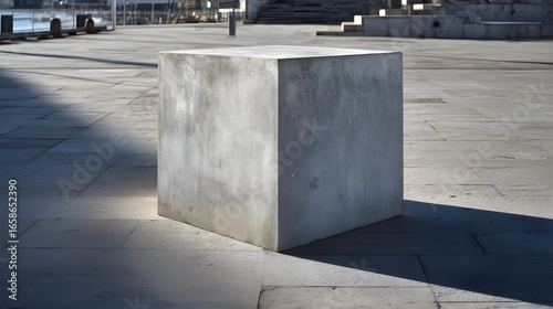 Stark Concrete Cube in Modern Urban Plaza Bathed in Sunlight and Deep Shadows