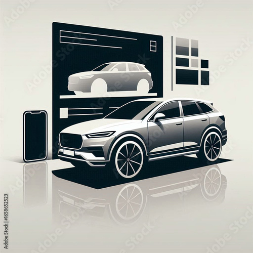 Modern SUV displayed with a digital interface showcasing features and specifications