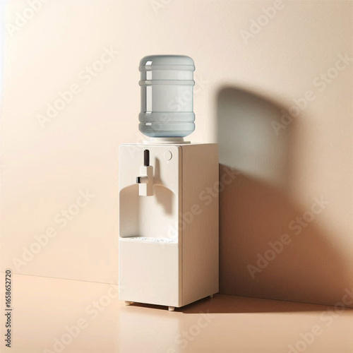 Modern water cooler with a clear bottle, set against a minimalistic beige background, ideal for office settings