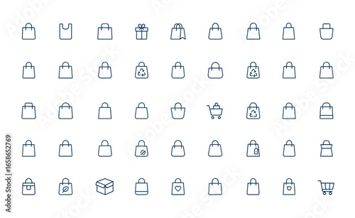 Linear outline icons set of shopping bags: paper, plastic, eco packaging, gift, shopper essentials, reusable tote, retail shopping, minimalistic vector pictograms, modern design and more.