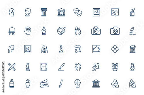 Linear style outline icons set featuring art and culture symbols: creativity, sculpture, architecture, museum, theater, gallery, painting, conceptual pictogram, artistic design, and more.