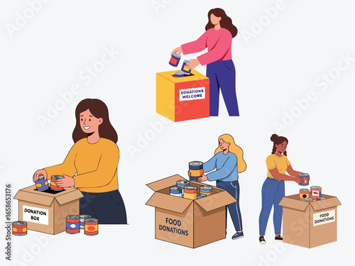 Woman placing food cans into donation box for charity flat vector illustration