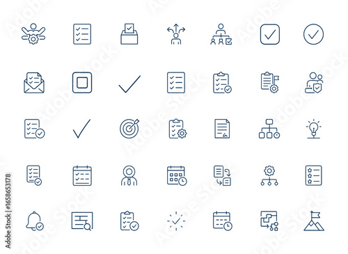 Linear outline icons: multitasking, checklist, voting, poll, decision making, checkbox, checkmark, task management, workflow symbols, productivity, user interface, vector and more.
