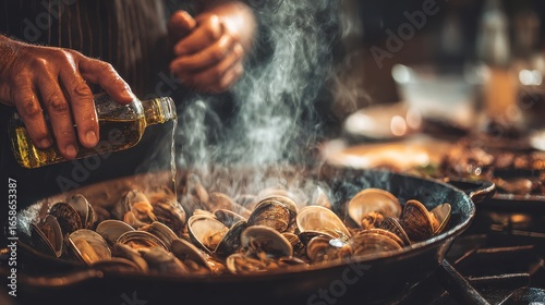 Hands drizzle olive oil over clams in a skillet, creating steam and a tasty seafood dish
