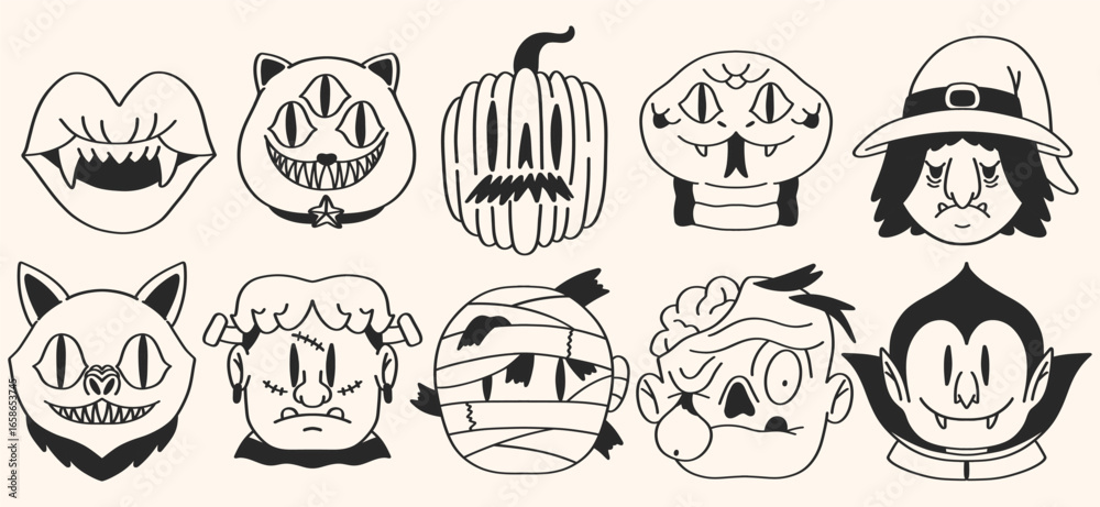Fototapeta premium Illustrations Scary Character with happy halloween hand drawn doodle set