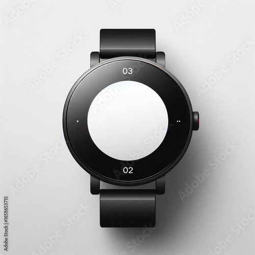 Sleek black smartwatch with a minimalist design, showcasing a blank display and modern aesthetics
