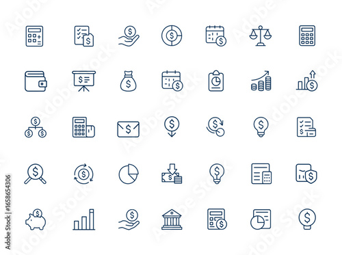 Linear outline icons of budgeting set, financing, accounting, money allocation, fund distribution, budget sequestration, financial planning, expense management, economic control and more.