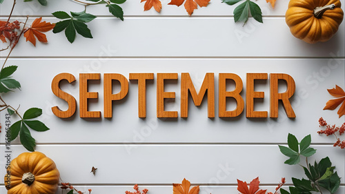 September's Embrace: A warm, inviting tableau featuring the word September, artistically arranged with autumnal elements like pumpkins and leaves. This image evokes the spirit of fall's arrival.
