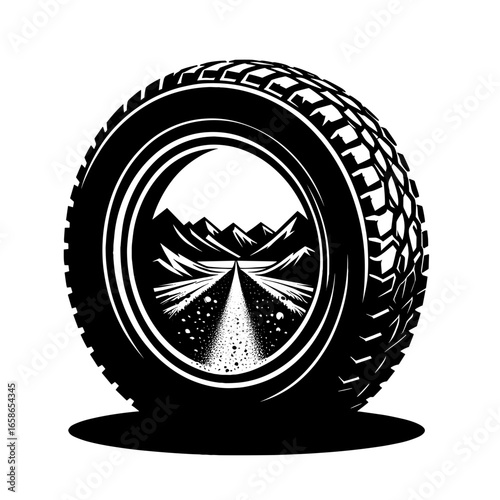 Tire illustration in black and white style representing travel