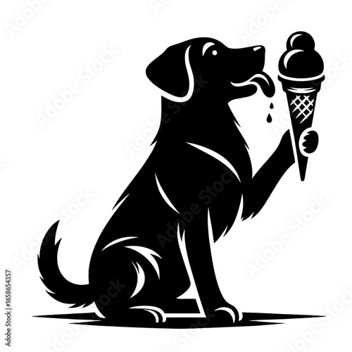 Dog licking ice cream silhouette in black and white