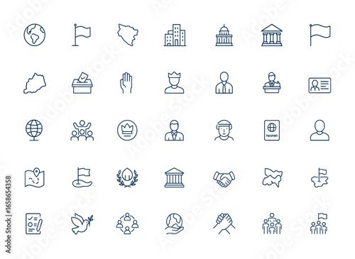Outline vector icons set of nation, government, country borders, city, state, flag, region, democracy, monarchy, president, citizen, nationality, land, political symbols, administration and more.