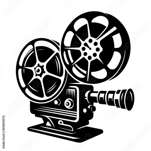  Vintage film projector in black and white icon style
