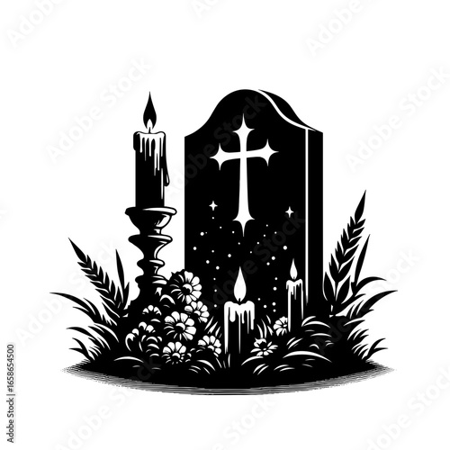 Black and white grave marker with candles symbolizing remembrance