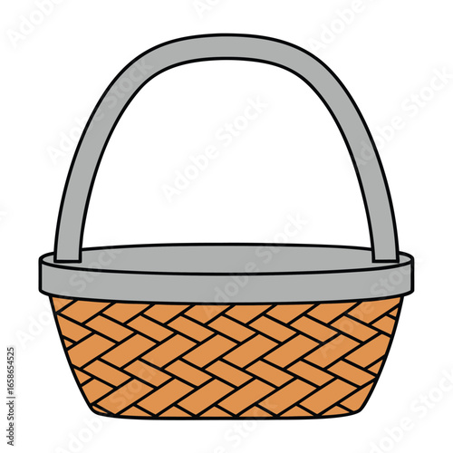 Simple cartoon woven basket with grey handle and rim on white background wicker container