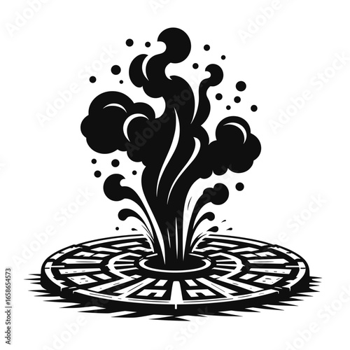 Black and white illustration of geyser emitting smoke