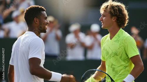 Two male tennis players shaking hands after a match outdoors  