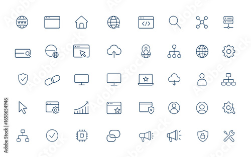 Linear outline icons set for website and web page design, homepage interface, internet network, server, search bar, online browsing, digital connectivity, web navigation, SEO tools and more.