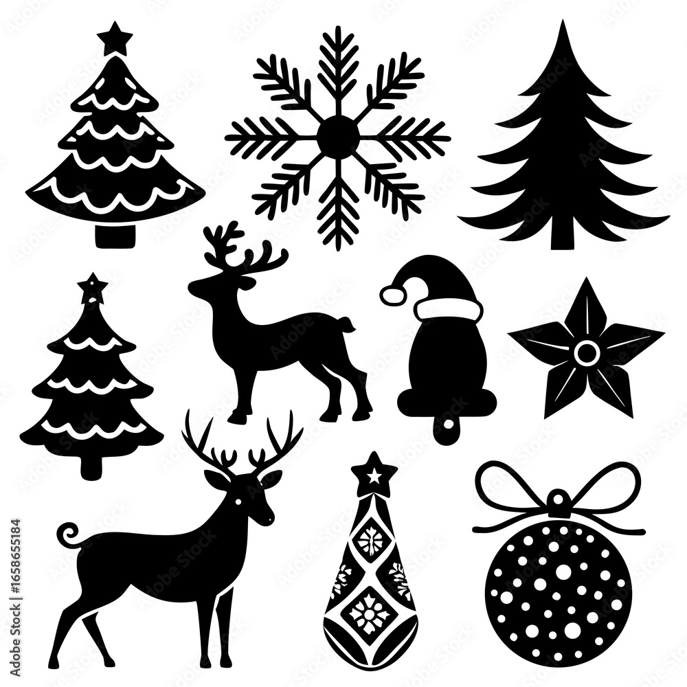 Naklejka premium A set Of Christmas Elements, Vector Silhouette Art Elements For Christmas, Christmas silhouette icon set, Christmas silhouette icon set