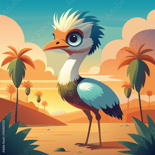 Cute cartoon ostrich in a desert setting