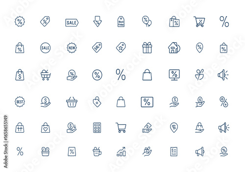Sale discount icons set outline, Black Friday coupon, price reduction, promotion, shop, store, purchase, marketing, retail, shopping, bargain, special offer, deal, ecommerce, voucher and more.