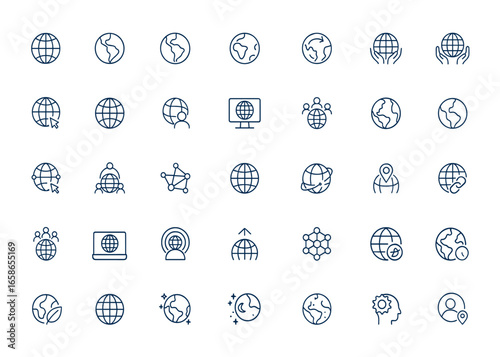 Global sphere and earth outline icons set: linear style vector pictograms featuring world, population, planet, global network, international connection, geography, digital mapping, eco and more.