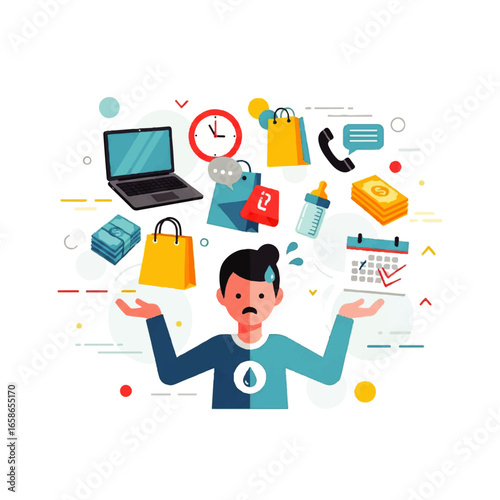 Overwhelmed Man Struggles with Tasks A Vector Illustration Depicting Stress and Responsibilities