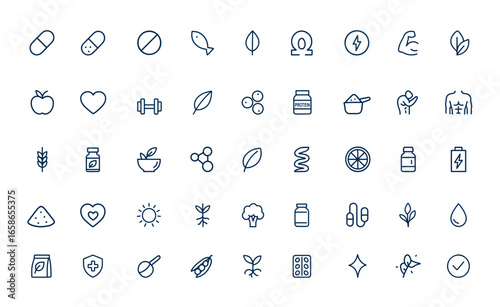 Vitamin, probiotic, capsule, pill, fiber, omega, antioxidant dietary supplement and natural herbal food additive outline icon set, energy, protein, health, wellness, nutrition and more.