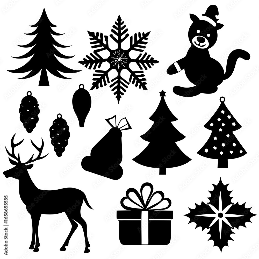 Fototapeta premium A set Of Christmas Elements, Vector Silhouette Art Elements For Christmas, Christmas silhouette icon set, Christmas silhouette icon set