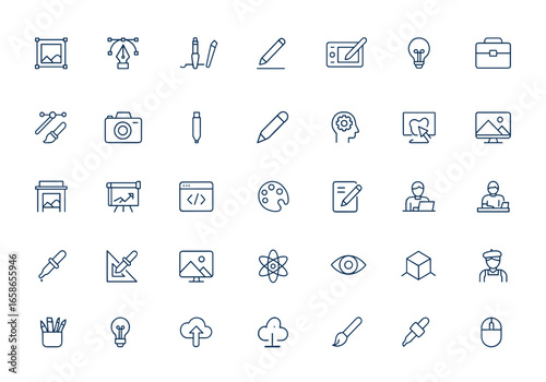 Linear style line icons set for graphic design, creativity, and ideas. Outline pictograms of software, art tools, design concepts, infographic elements, UI symbols, and digital assets and more.