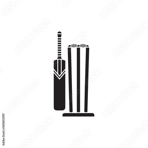 Cricket bat and wicket silhouette graphic design.Simple, black and white silhouette graphic of a cricket bat and wicket.