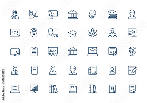 Linear style outline icons series: education, teacher, teaching, knowledge, school, university, book, conceptual pictogram, infographic, learning, academic, study, training and more.