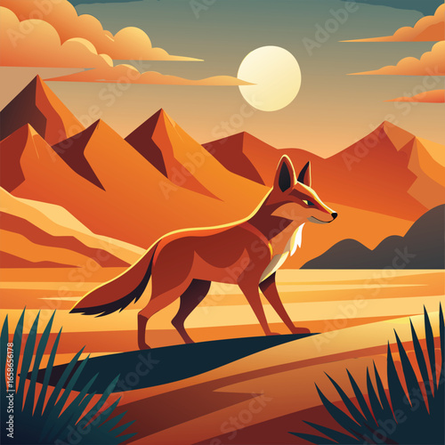 Desert fox stands on a desert ridge at sunset