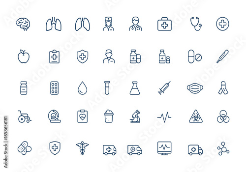 Linear outline icons set of medicine and healthcare: human organs, first aid, medical instruments, treatment, pills, pharmacy, health services, wellness, vector graphics, medical care and more.