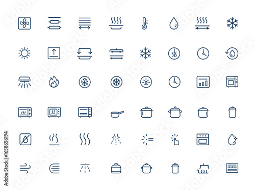 Line icons set of oven cooking modes: convection, grill, top and bottom heating, steam, heat, defrosting, reheating, self-cleaning, kitchen appliance symbols, cooking functions and more.