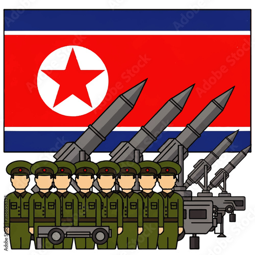 Symbolic illustration of North Korea's military power, showcasing soldiers and ballistic missiles with the national flag.