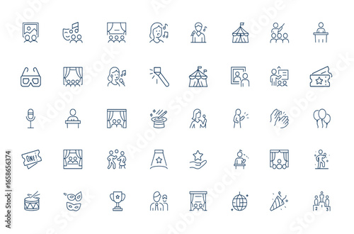 Linear style outline icons series - Entertainment and leisure symbols: concert, theater, cinema, circus, exhibition, opera, philharmonic, performance, show, event, culture and more.