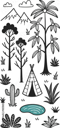 Vector illustration of desert landscape with teepee and plants