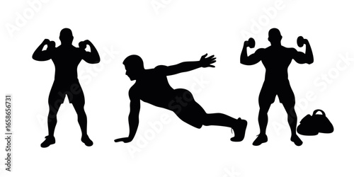 Isolated vector illustration of varied pose of body builders silhouette.
