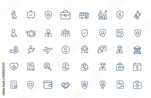 Linear outline icons set of employee benefits featuring maternity leave, paid leave, company transport, bonuses, meals, insurance, dismissal protection and more. Vector illustration and more.